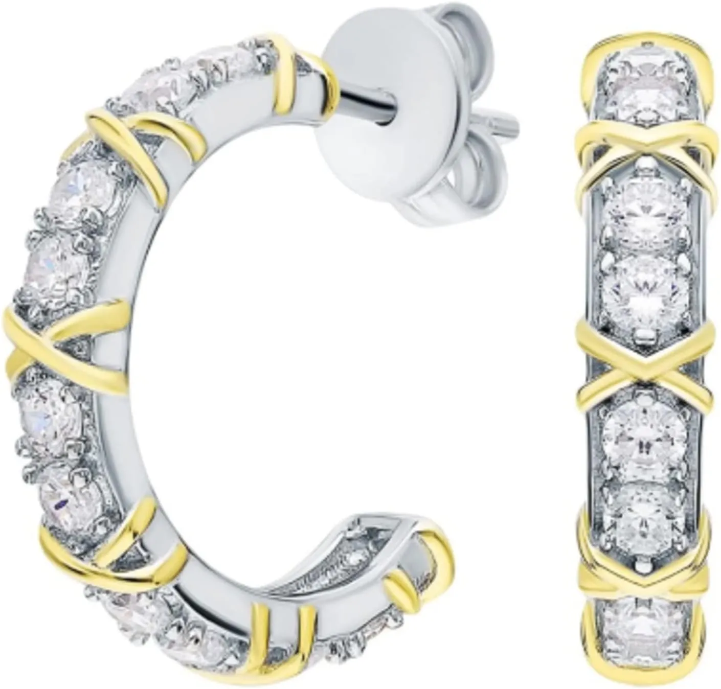 14k Gold Dual Tone Hoop Earring,17mm Round Diamond Charm Hoops for Women, Gleaming Rays Design, Fine Jewelry Gift for Her.