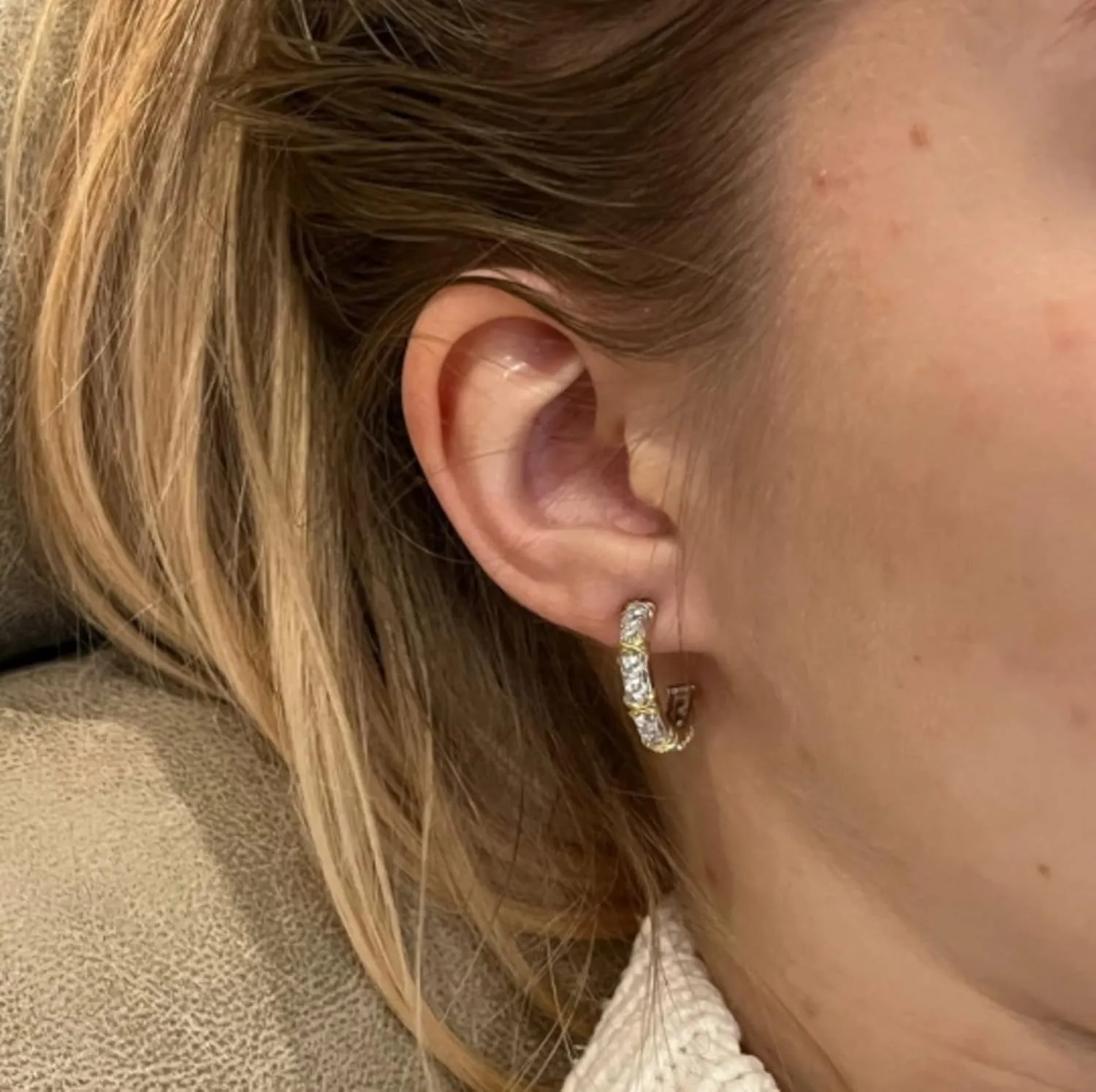 14k Gold Dual Tone Hoop Earring,17mm Round Diamond Charm Hoops for Women, Gleaming Rays Design, Fine Jewelry Gift for Her.