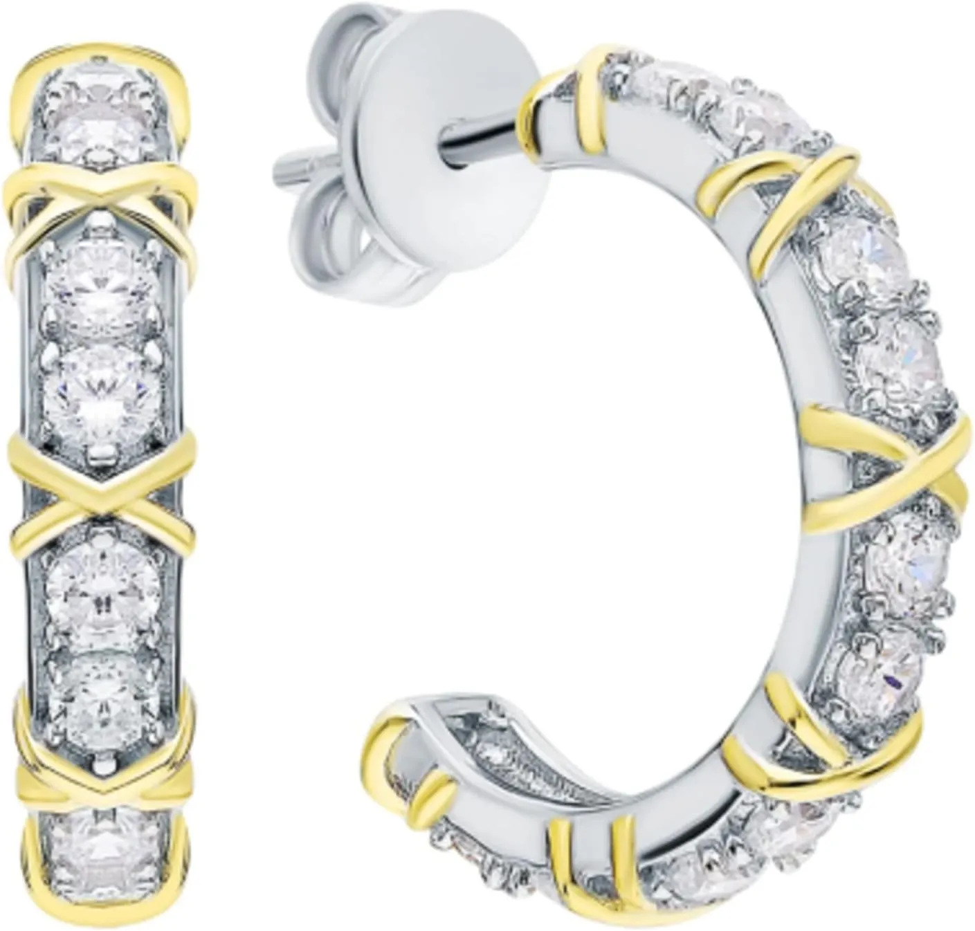 14k Gold Dual Tone Hoop Earring,17mm Round Diamond Charm Hoops for Women, Gleaming Rays Design, Fine Jewelry Gift for Her.