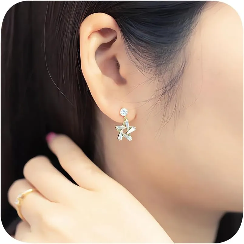 14K Gold Plated Rhinestone Star Dangle Earrings for Women Hypoallergenic Bohemian Starburst Ear Jacket Crystal Star Rhinestone Dangle Cz Studs Earrings Winter Party Jewelry Gift