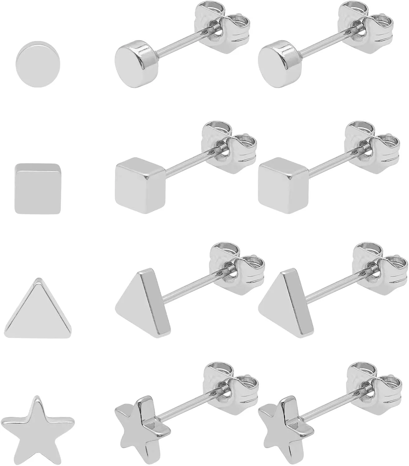 16pcs Stud Earrings for Women Men Geometric Small Stud Earring Set Hypoallergenic Circle Star Triangle Square Stud Earrings Tiny Stud Earrings 16pcs Earring Backs Replacements (White K)