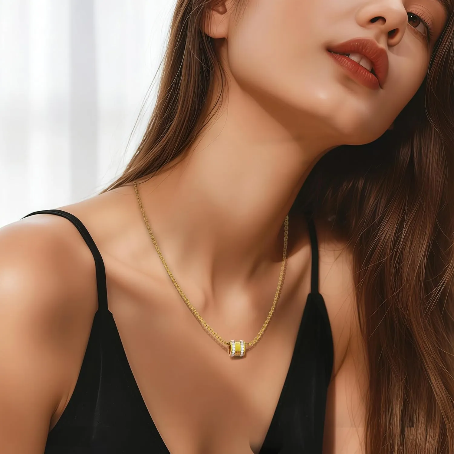 18K Gold -Plated Necklace For Women,Elegant Gold Chain Necklace with Crystal-Accented Cylinder Pendant