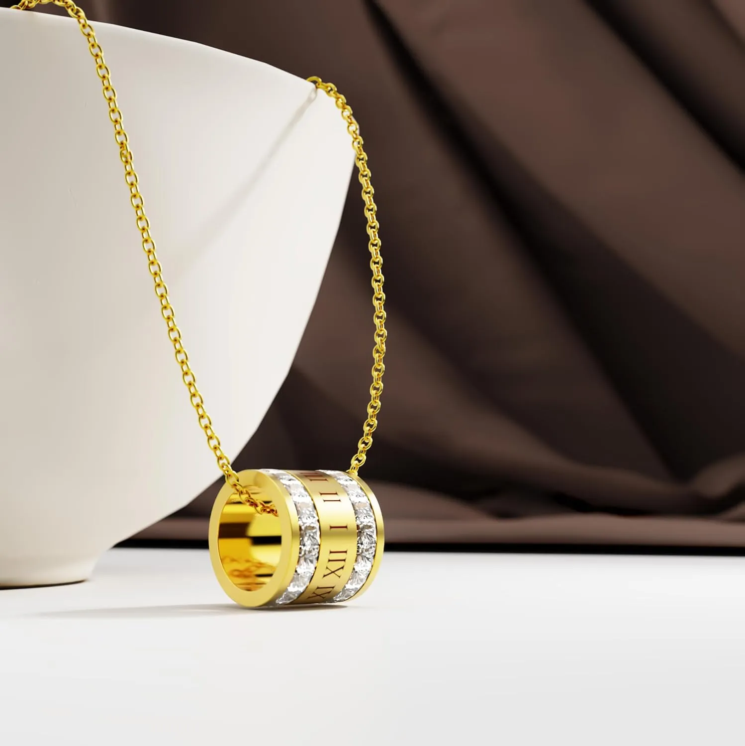 18K Gold -Plated Necklace For Women,Elegant Gold Chain Necklace with Crystal-Accented Cylinder Pendant