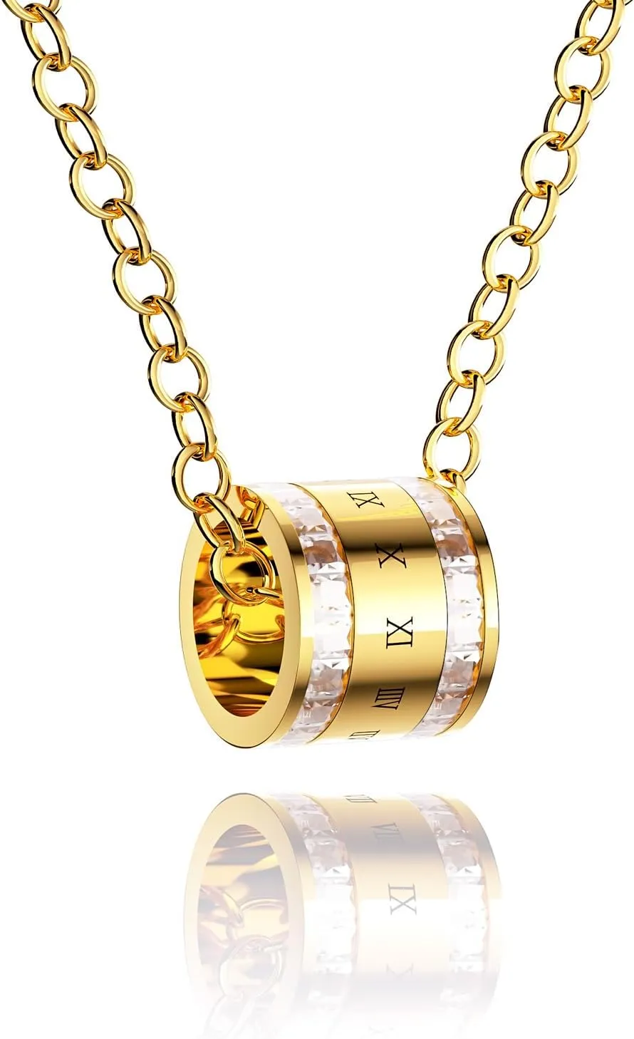18K Gold -Plated Necklace For Women,Elegant Gold Chain Necklace with Crystal-Accented Cylinder Pendant
