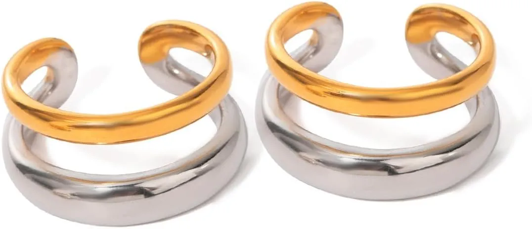 18K Gold Plated Stainless Steel Dual Tone Double Layer Ear Cuff | Hypoallergenic Waterproof Statement Fashion Jewelry