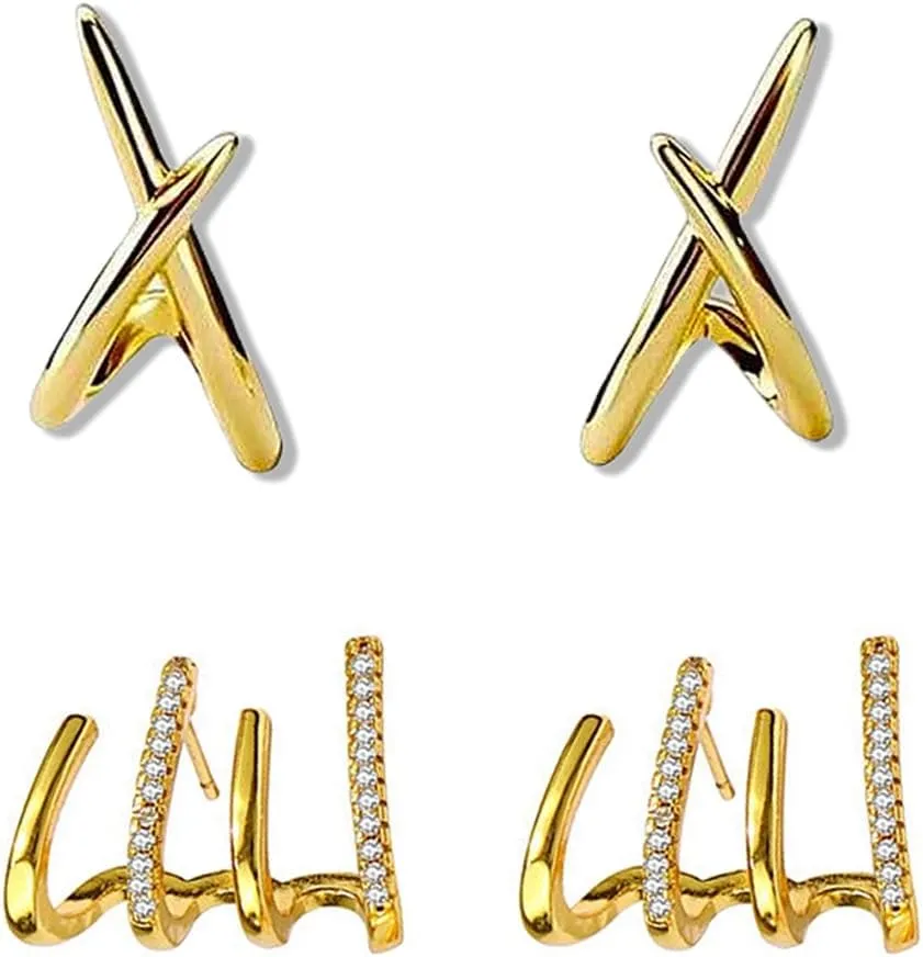 2 Pair Geometric Cross Transparent Cubic Zirconia Earrings for Women Gold Plated Stud Fashion Trendy Hypoallergenic Earrings Holiday Travel Party Birthday Jewelry