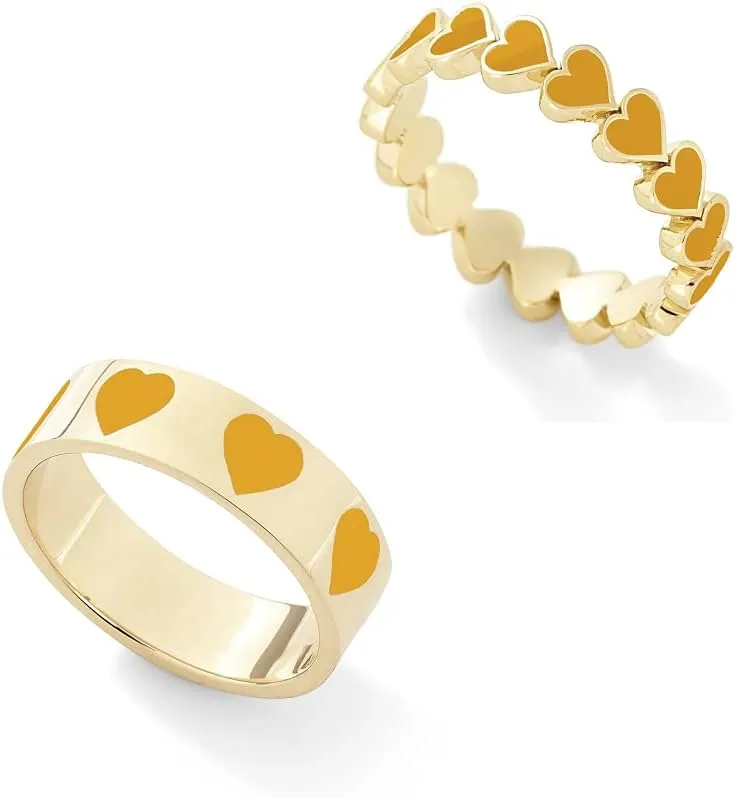 2 PCS Colorful Heart Ring Gold Band Rings Set Cute Love Heart Plain Stackable Finger Ring Wedding Love Promise Ring for Women