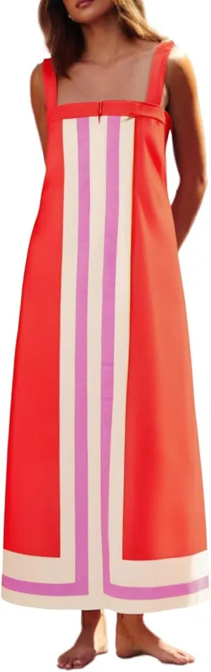 2025 Summer Bohemian Floral Dress for Women Casual Color Block Maxi Beach Overall Dress Coverups