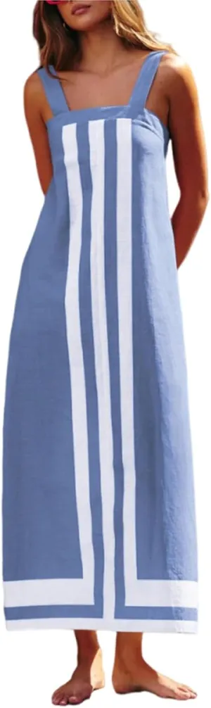 2025 Summer Bohemian Floral Dress for Women Casual Color Block Maxi Beach Overall Dress Coverups
