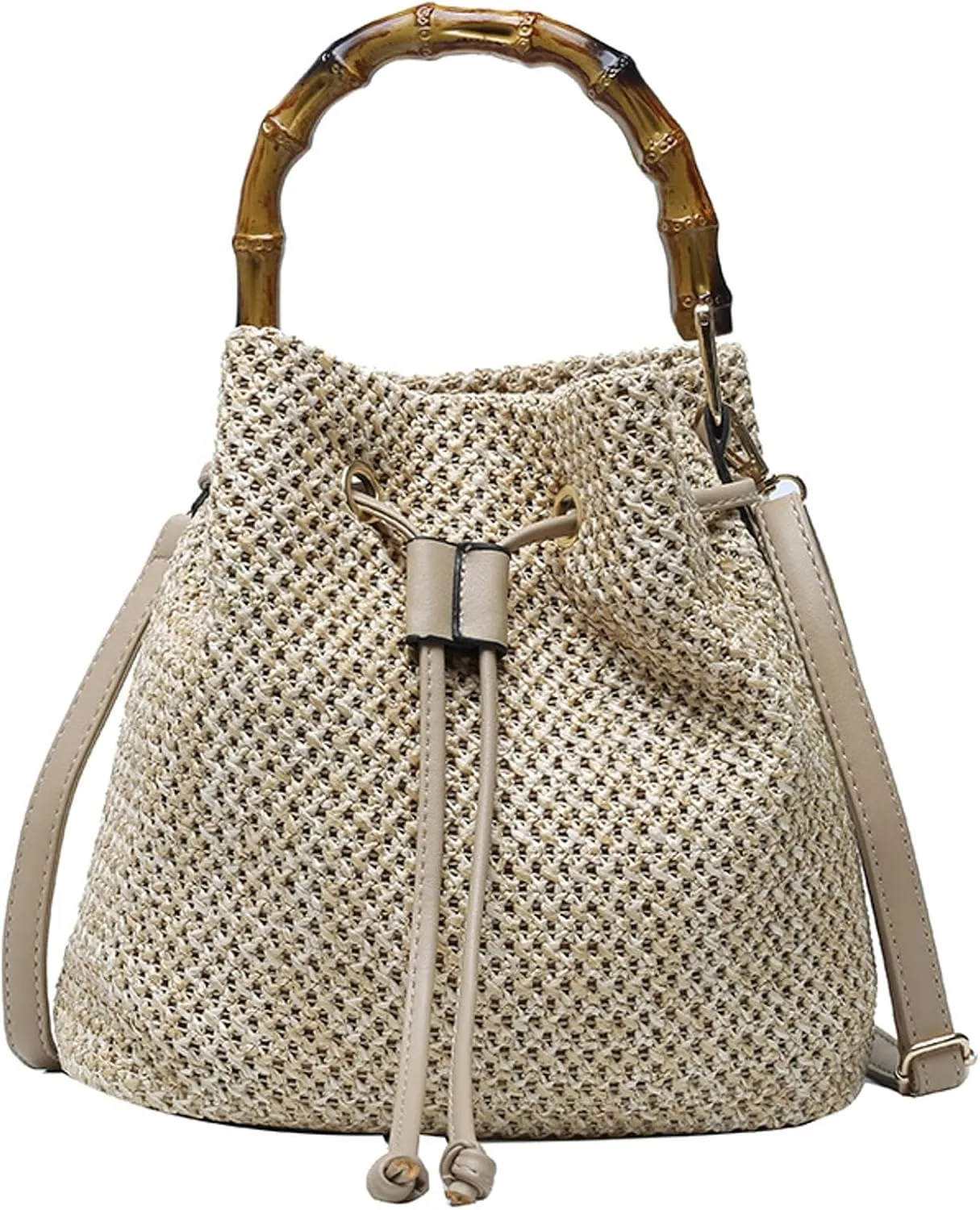 2025 Summer Straw Tote Bag Bamboo Handle Wristlet Clutch Shoulder Crossbody Bag Handbag Bucket Women