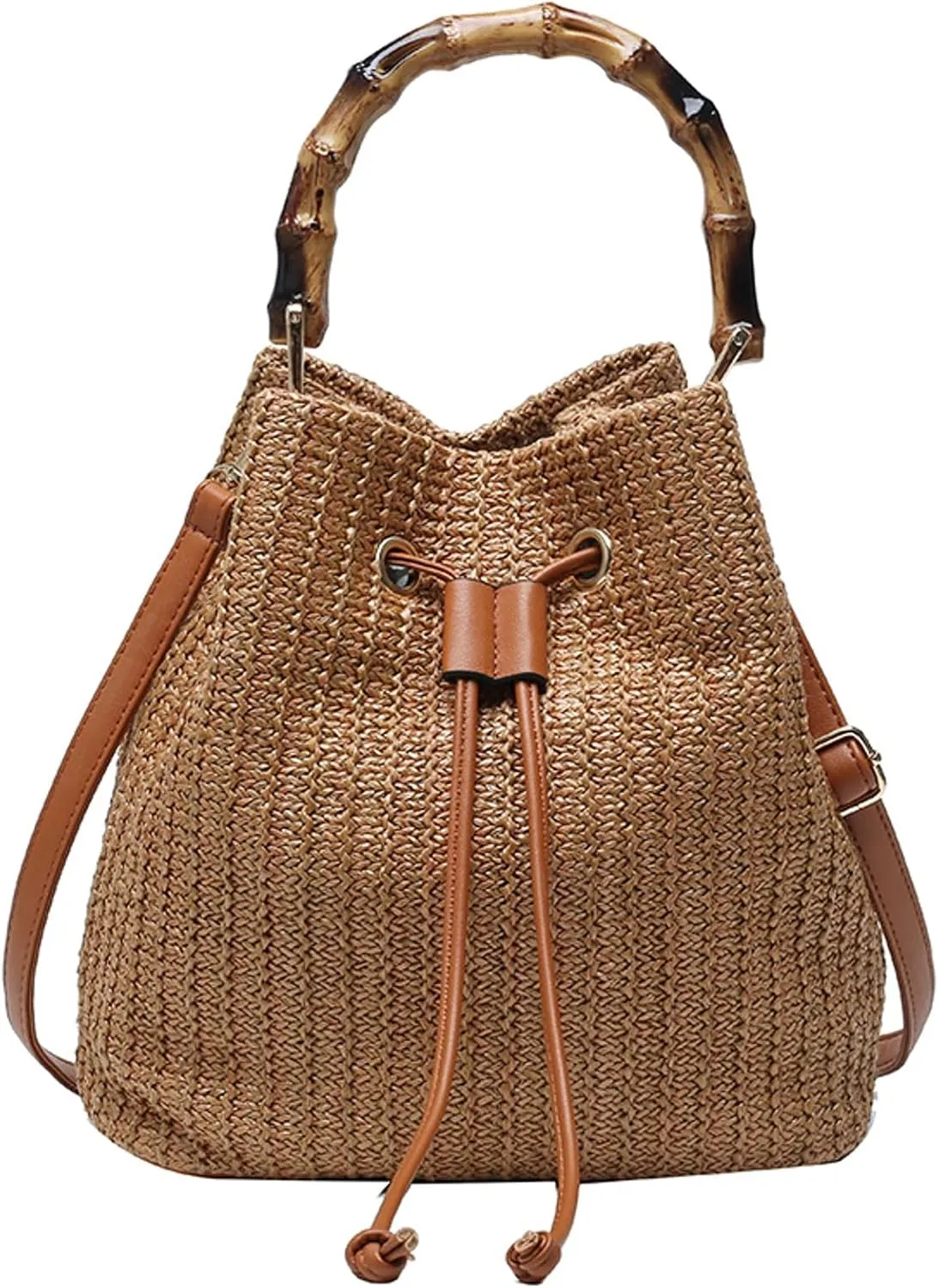 2025 Summer Straw Tote Bag Bamboo Handle Wristlet Clutch Shoulder Crossbody Bag Handbag Bucket Women