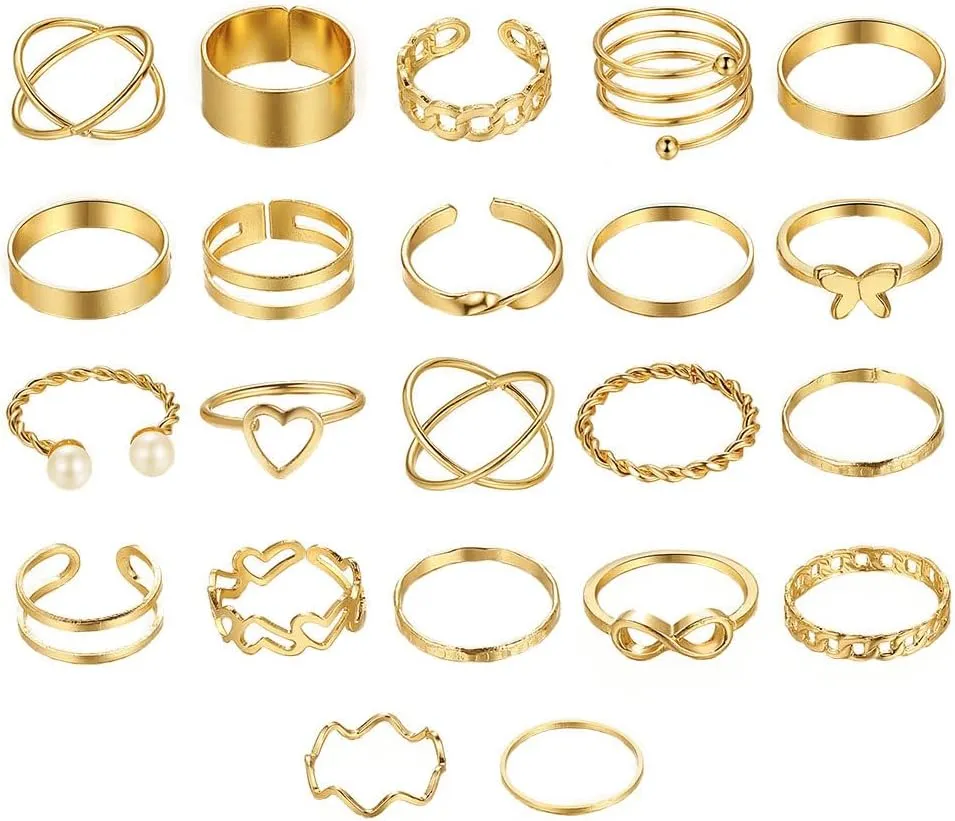 22Pcs Gold Knuckle Rings Set for Women Dainty Butterfly Tiny Heart Faux Pearl Stackable Rings Boho Joint Finger Midi Rings Hollow Carved Crystal Stacking Rings Pack for Valentine's Day Gift