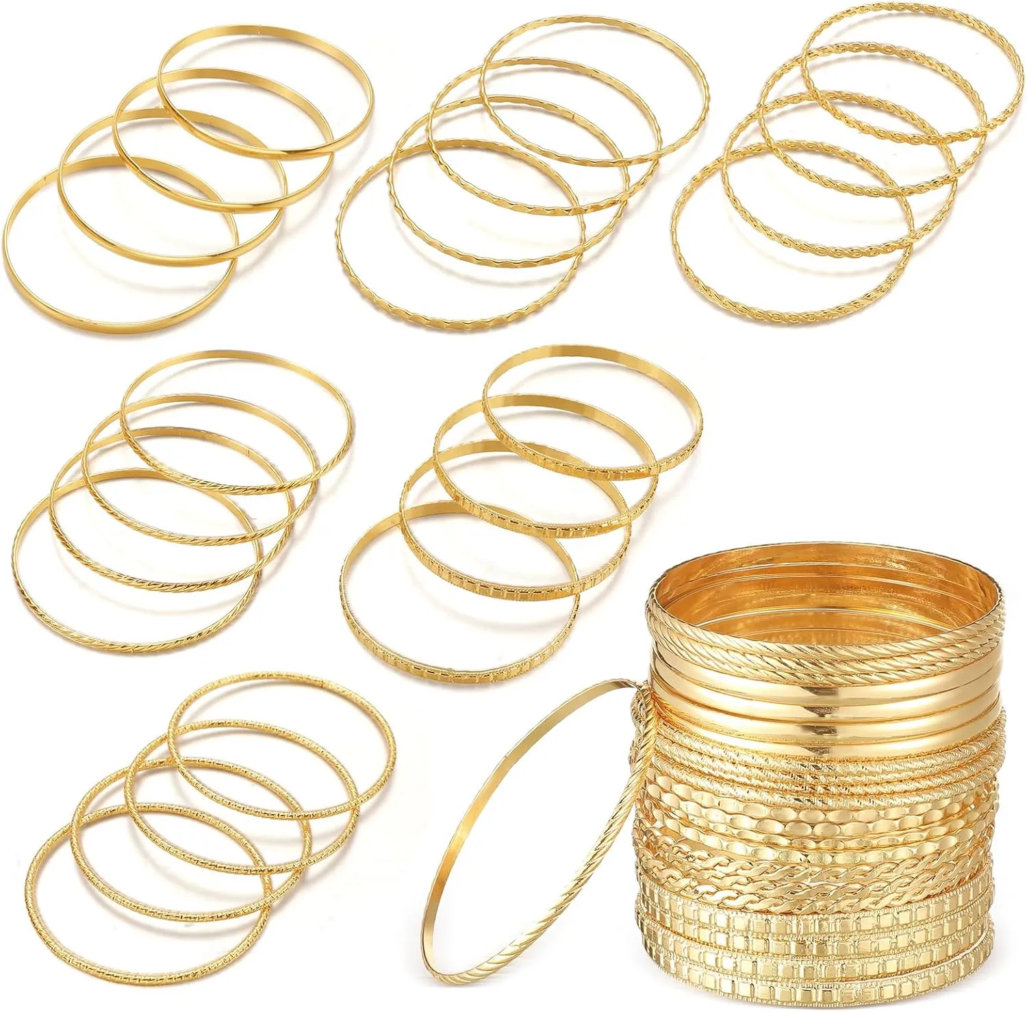 24 Pcs Gold Bangle Bracelets Set for Women Multi Layer Stackable Textured Bracelets Indian Metal Textured Bangle Set Vintage Boho Golden Jewelry for Wedding Women