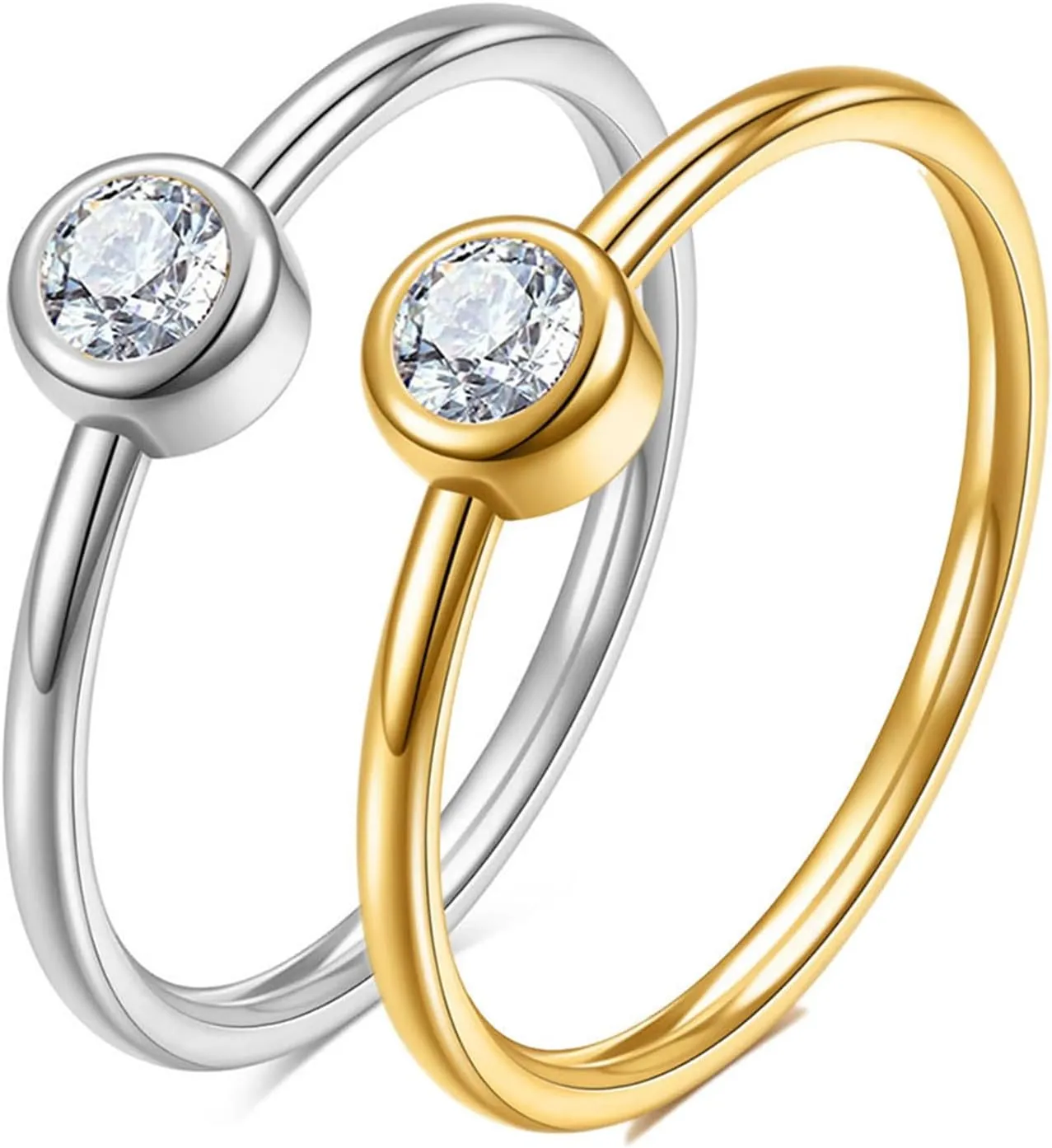2PCs Stainless Steel Zirconia Wedding Band Set - 2MM Thin Stackable Rings for Women (Silver & Gold, Sizes 5-10)