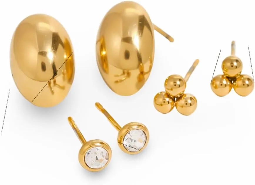 3-Pair Gold Plated Stainless Steel Geometric Stud Earring Set for Women - Oval, Crystal Accent, and Bead Cluster Designs