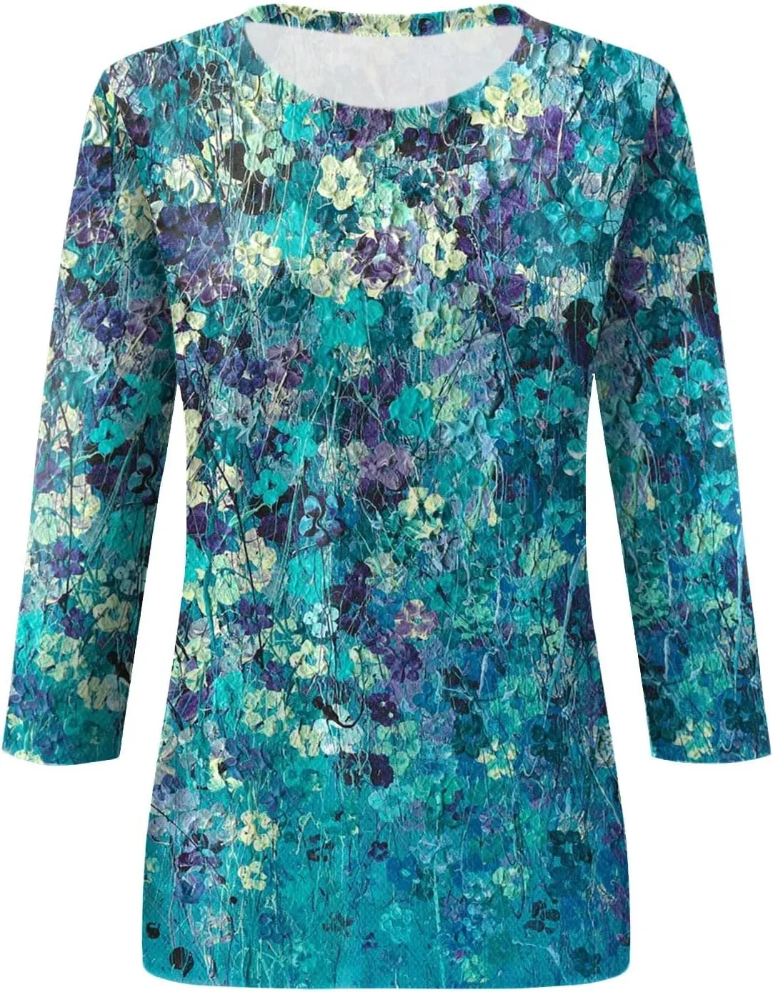 3/4 Length Sleeve Womens Tops Plus Size Crewneck Floral Graphic Shirts Three Quarter Loose Casual Dressy Blouses