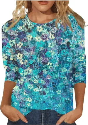 3/4 Length Sleeve Womens Tops Plus Size Crewneck Floral Graphic Shirts Three Quarter Loose Casual Dressy Blouses