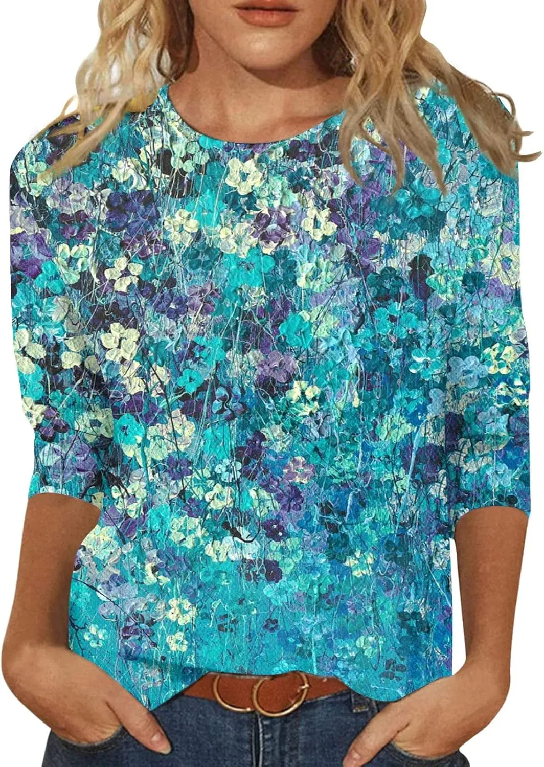 3/4 Length Sleeve Womens Tops Plus Size Crewneck Floral Graphic Shirts Three Quarter Loose Casual Dressy Blouses