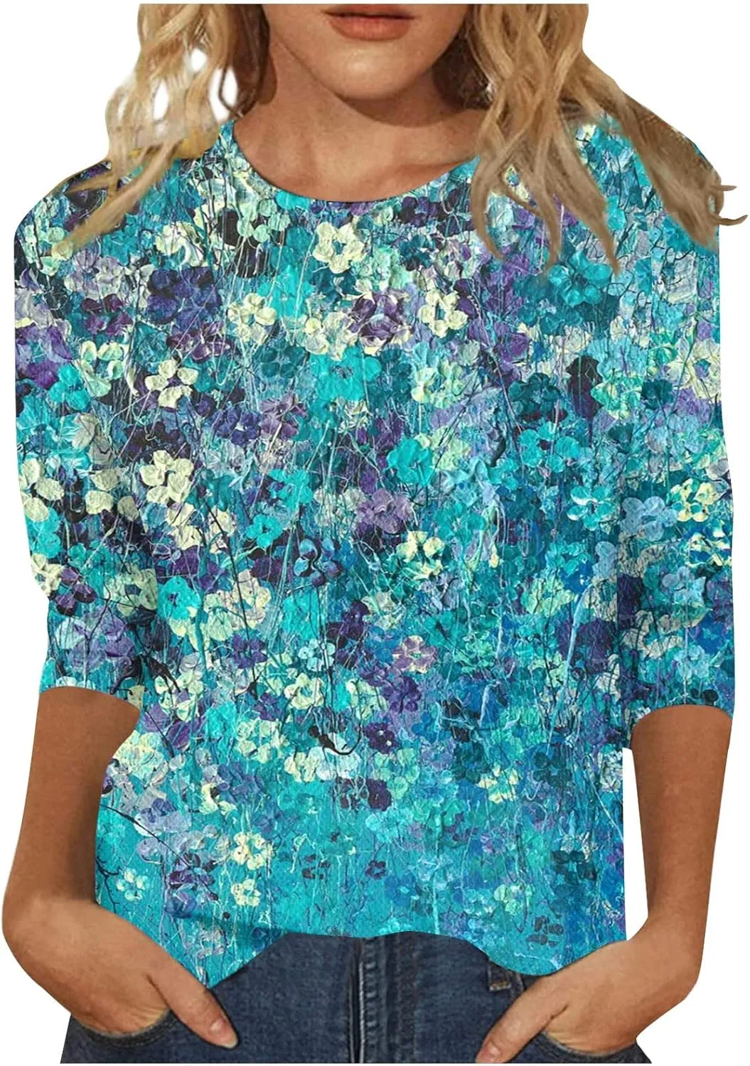 3/4 Length Sleeve Womens Tops Plus Size Crewneck Floral Graphic Shirts Three Quarter Loose Casual Dressy Blouses