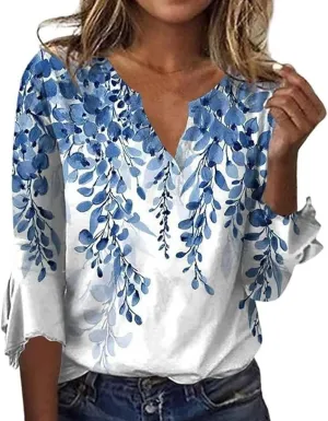 3/4 Length Sleeve Womens Tops Ruffle Sleeve V Neck Petite Shirt 2025 Summer Fashion Boho Floral Blouse