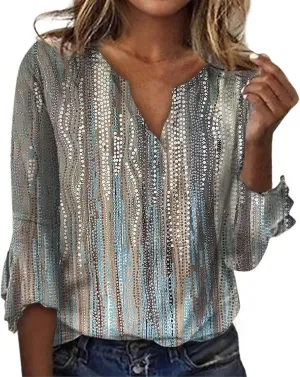 3/4 Length Sleeve Womens Tops Ruffle Sleeve V Neck Petite Shirt 2025 Summer Fashion Boho Floral Blouse
