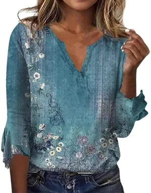 3/4 Length Sleeve Womens Tops Ruffle Sleeve V Neck Petite Shirt 2025 Summer Fashion Boho Floral Blouse