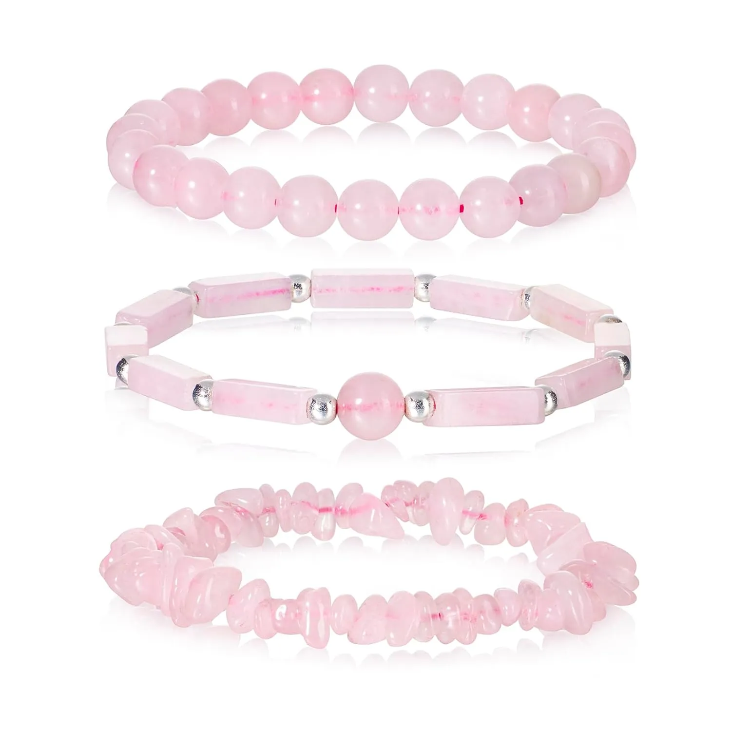 3Pcs Rose Quartz Bracelets for Women 8mm Pink Quartz Bracelet Natural Stone Beaded Bracelets Handmade Stretch Gemstone Bracelet Healing Crystal Bracelet Healing Jewelry Gifts for Women Girls