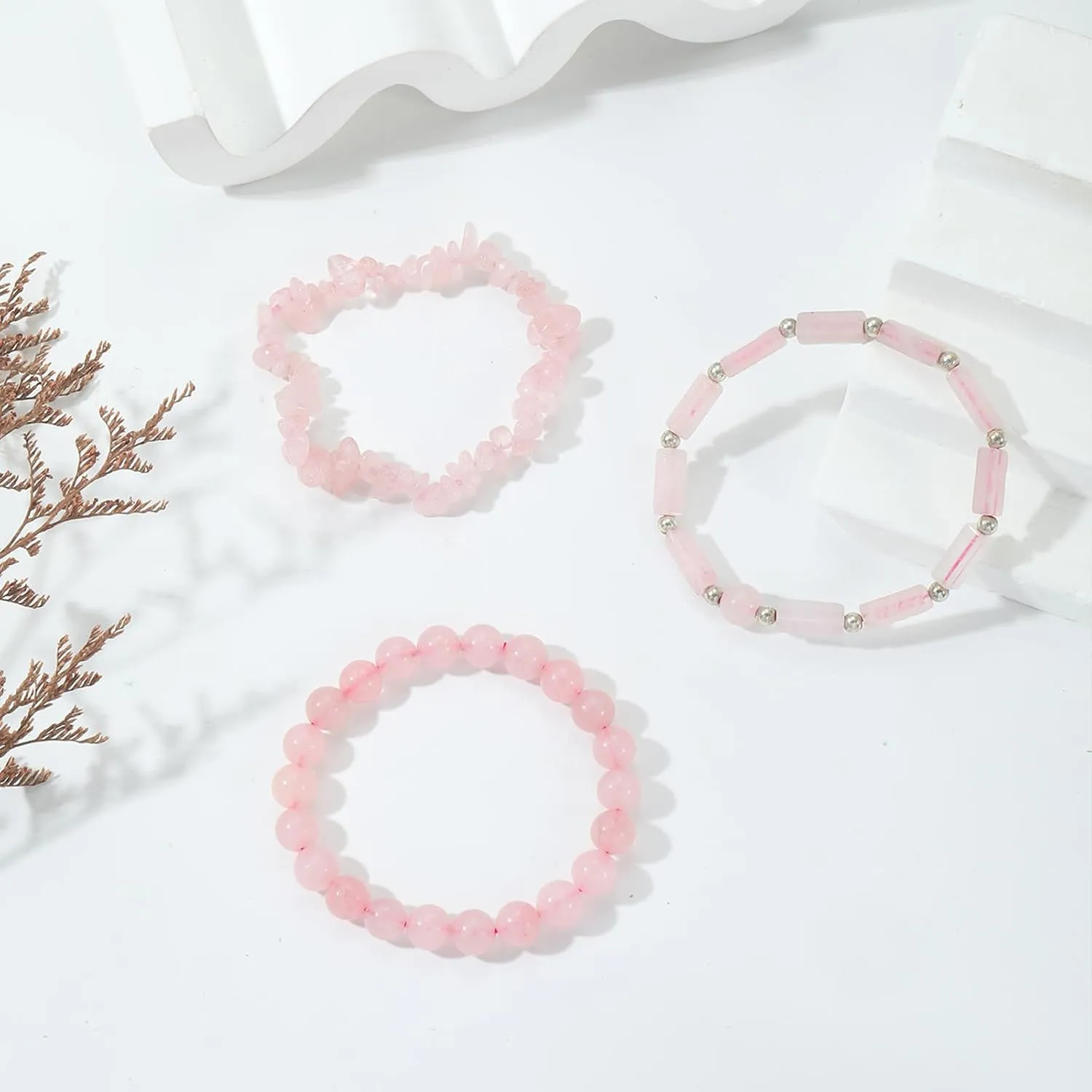 3Pcs Rose Quartz Bracelets for Women 8mm Pink Quartz Bracelet Natural Stone Beaded Bracelets Handmade Stretch Gemstone Bracelet Healing Crystal Bracelet Healing Jewelry Gifts for Women Girls