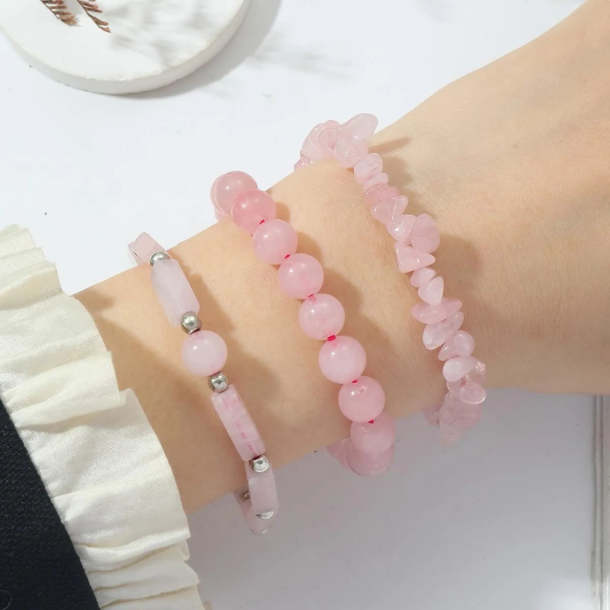 3Pcs Rose Quartz Bracelets for Women 8mm Pink Quartz Bracelet Natural Stone Beaded Bracelets Handmade Stretch Gemstone Bracelet Healing Crystal Bracelet Healing Jewelry Gifts for Women Girls