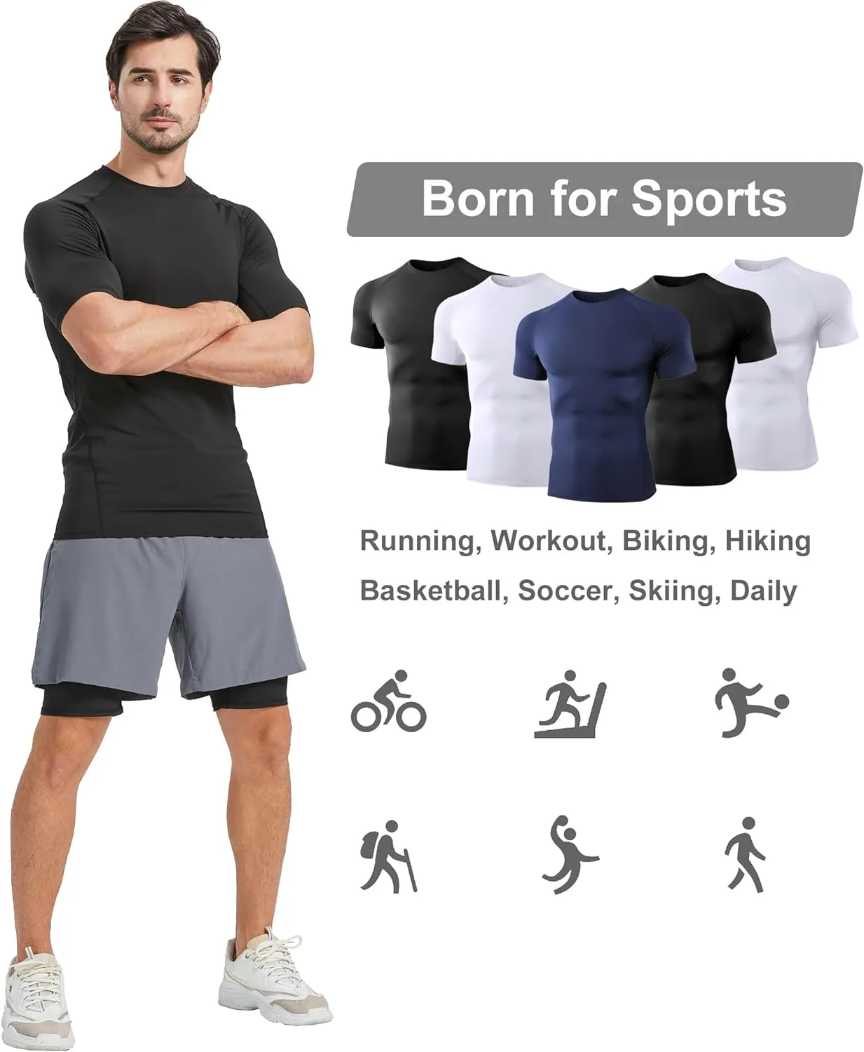 5 Pack Mens Compression Shirts Short Sleeve Cool Dry Sports Athletic Workout Base Layer Undershirt T-Shirt Tops