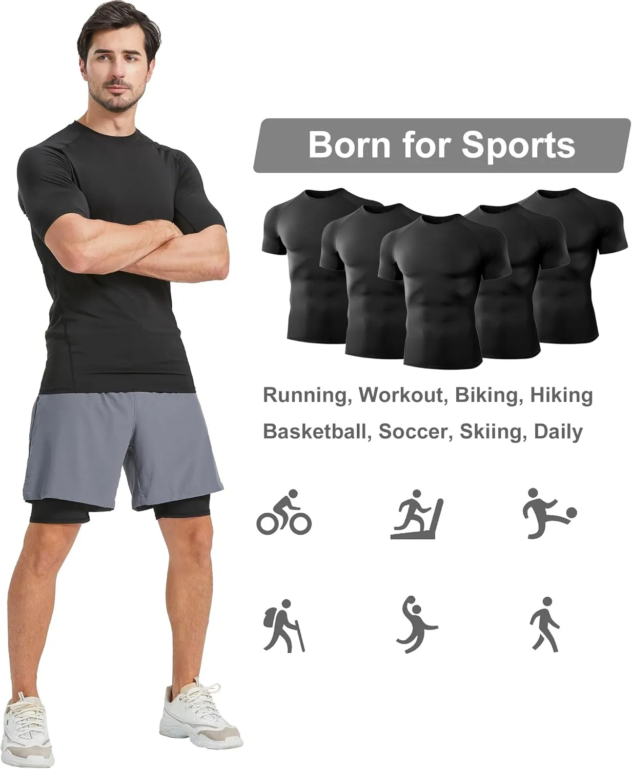 5 Pack Mens Compression Shirts Short Sleeve Cool Dry Sports Athletic Workout Base Layer Undershirt T-Shirt Tops