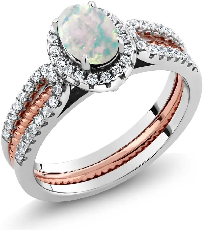 925 2-Tone Sterling Silver Simulated White Opal Women's Wedding Band Engagement Insert Stackable Ring (1.25 Cttw, Oval Cabochon 7X5MM, Gemstone October Birthstone, Available in Size 5,6,7,8,9)
