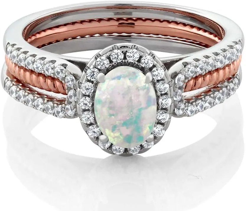 925 2-Tone Sterling Silver Simulated White Opal Women's Wedding Band Engagement Insert Stackable Ring (1.25 Cttw, Oval Cabochon 7X5MM, Gemstone October Birthstone, Available in Size 5,6,7,8,9)