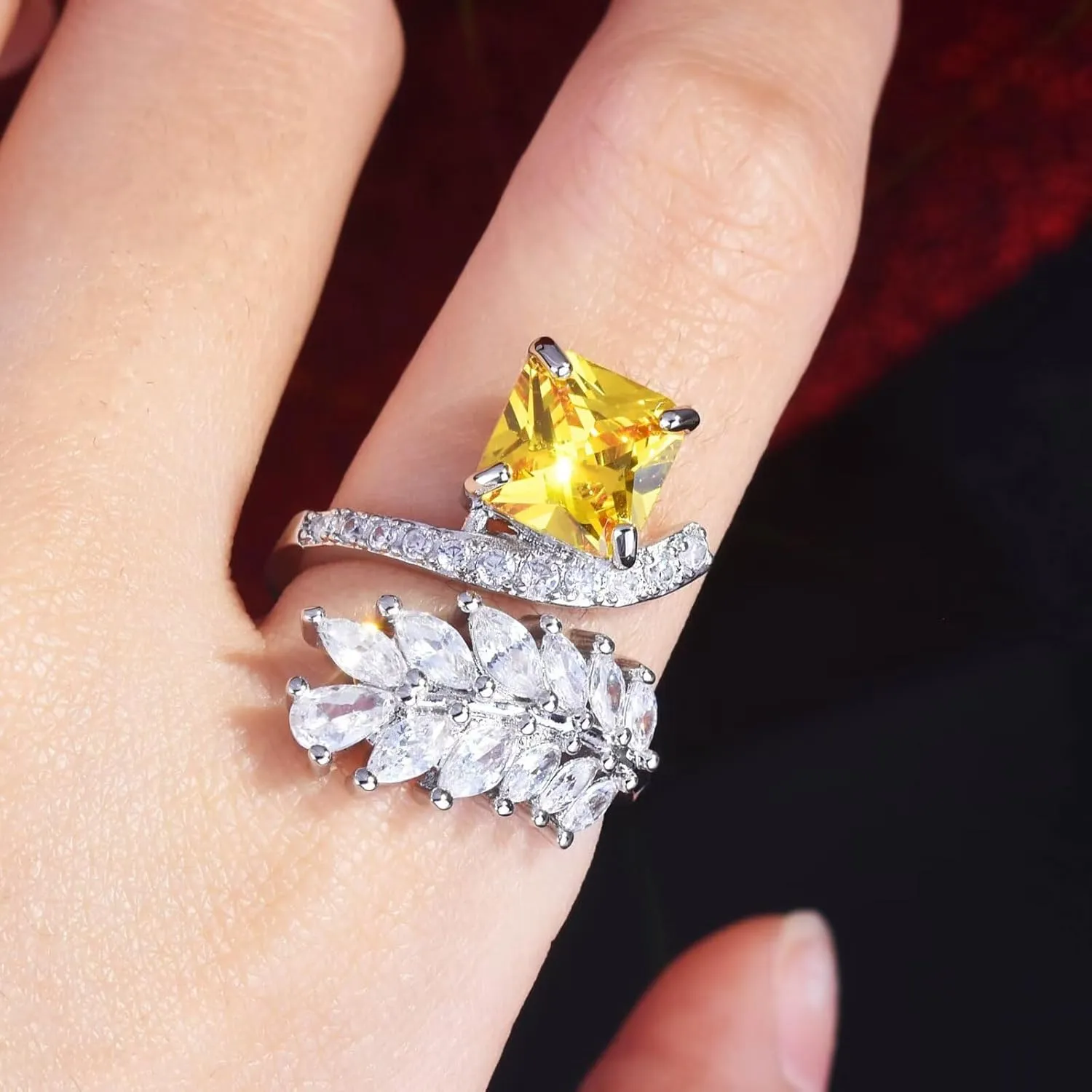 925 Sterling Silver Dual-Tone Fashion Ring  Radiant Ice-Cut Yellow Zirconia Pinky Ring for Women, Edgy Geometric Stackable Statement Jewelry Size 8