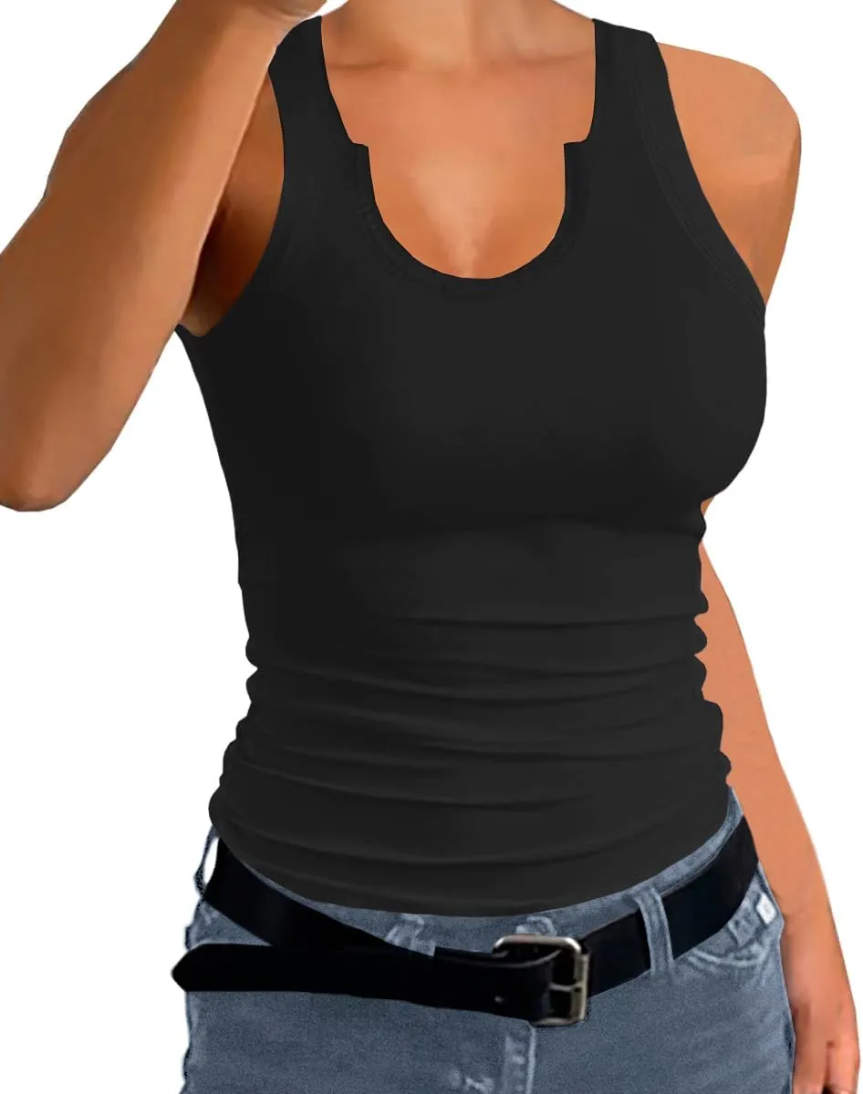 Afibi Womens Tops V Neck Summer Tank Tops Casual Slim Fitted Tshirt Ribbed Basic Tee Tops
