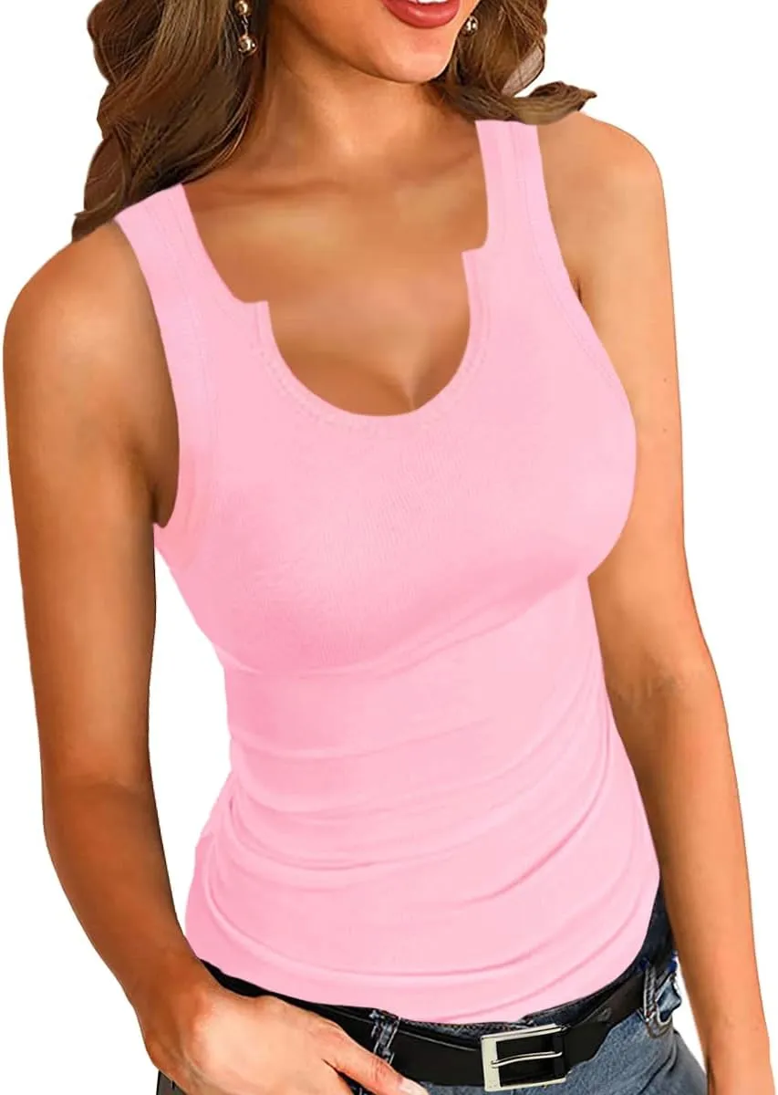 Afibi Womens Tops V Neck Summer Tank Tops Casual Slim Fitted Tshirt Ribbed Basic Tee Tops