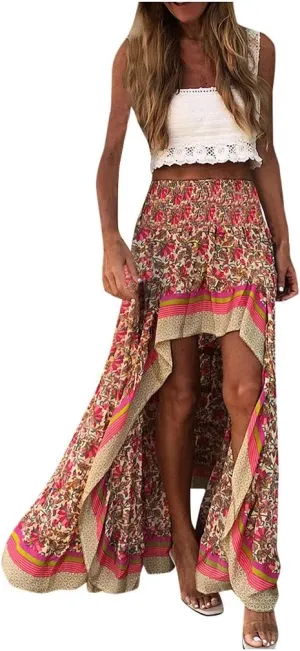 aihihe Womens High Low Side Skirts Boho Floral Print Long Skirt Ruffle Hem Elastic Waist Swing Maxi Dresses