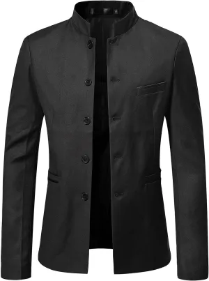 Akklian Men's Chinese Tunic Suits Mandarin Collar Formal Jacket Slim-Fit Front Button Blazer Traditional Uniform Dress Shirt