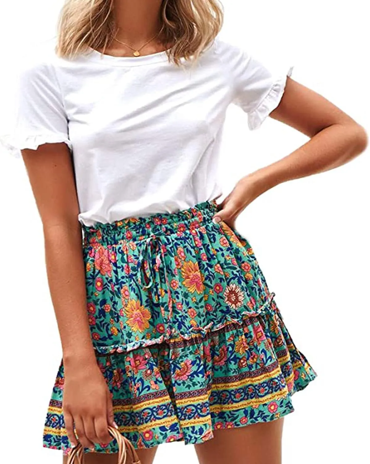 Alelly Women's Summer Cute High Waist Ruffle Skirt Floral Print Swing Beach Mini Skirt