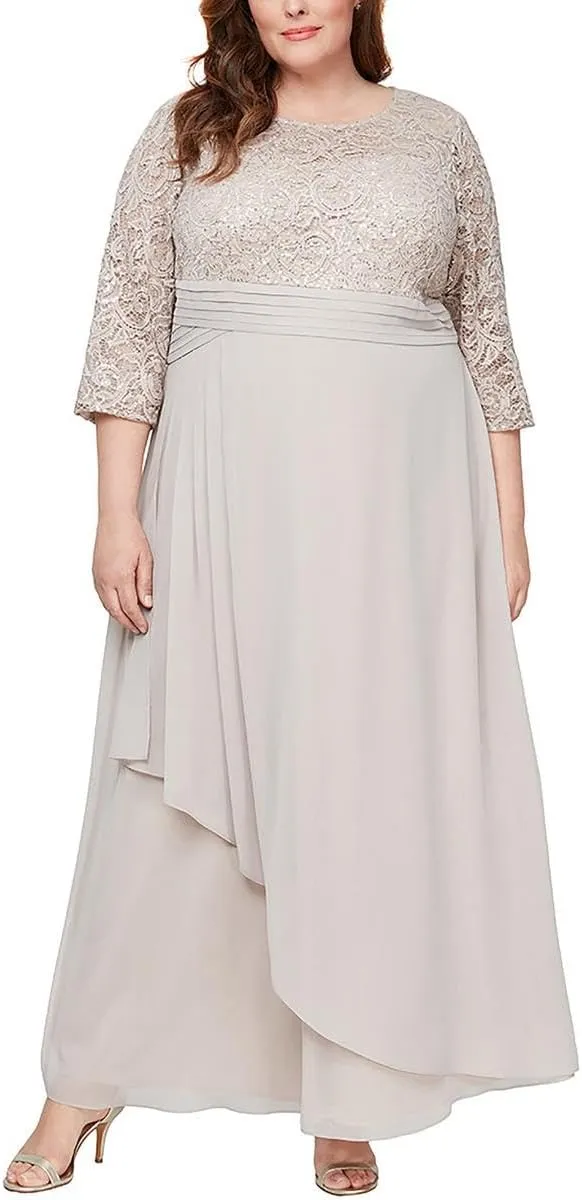Alex Evenings Women's Long Lace Top Mother of The Bride Dress with Empire Waist (Plus Size)