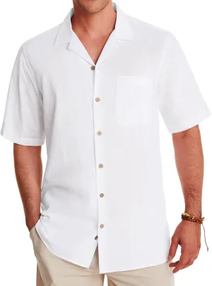 Alimens & Gentle Cuban Linen Shirts for Men Short Sleeve Button Down Shirt Cotton Summer Beach Camp Vacation Hawaiian Shirts