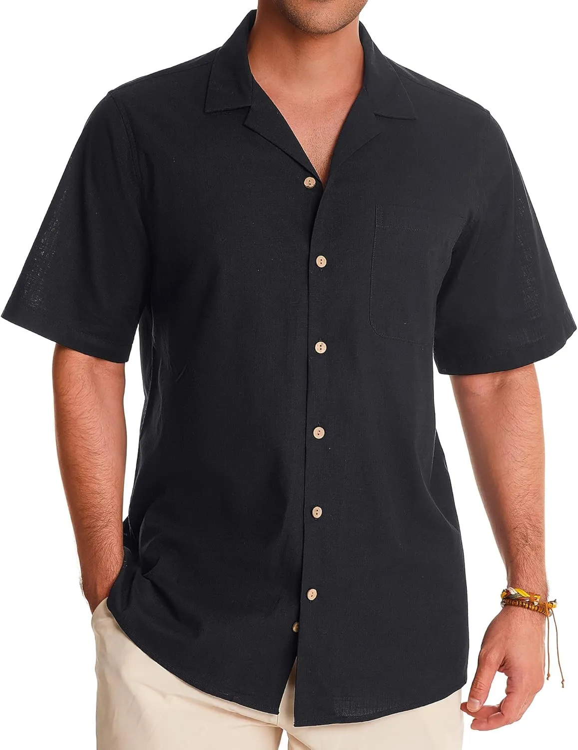 Alimens & Gentle Cuban Linen Shirts for Men Short Sleeve Button Down Shirt Cotton Summer Beach Camp Vacation Hawaiian Shirts