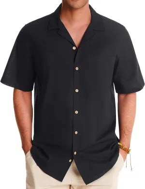 Alimens & Gentle Cuban Linen Shirts for Men Short Sleeve Button Down Shirt Cotton Summer Beach Camp Vacation Hawaiian Shirts