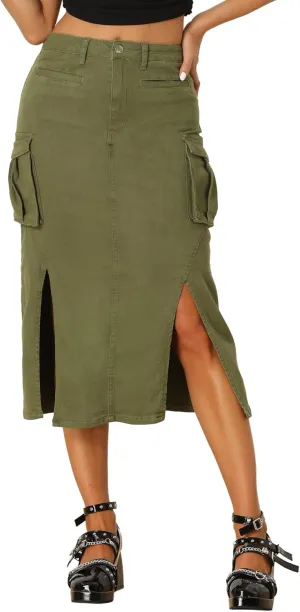 Allegra K Cargo Skirts for Women's Y2K Split Hem Denim Midi Skirts