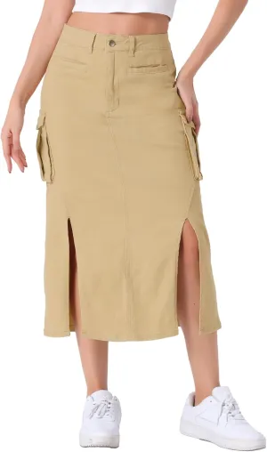 Allegra K Cargo Skirts for Women's Y2K Split Hem Denim Midi Skirts
