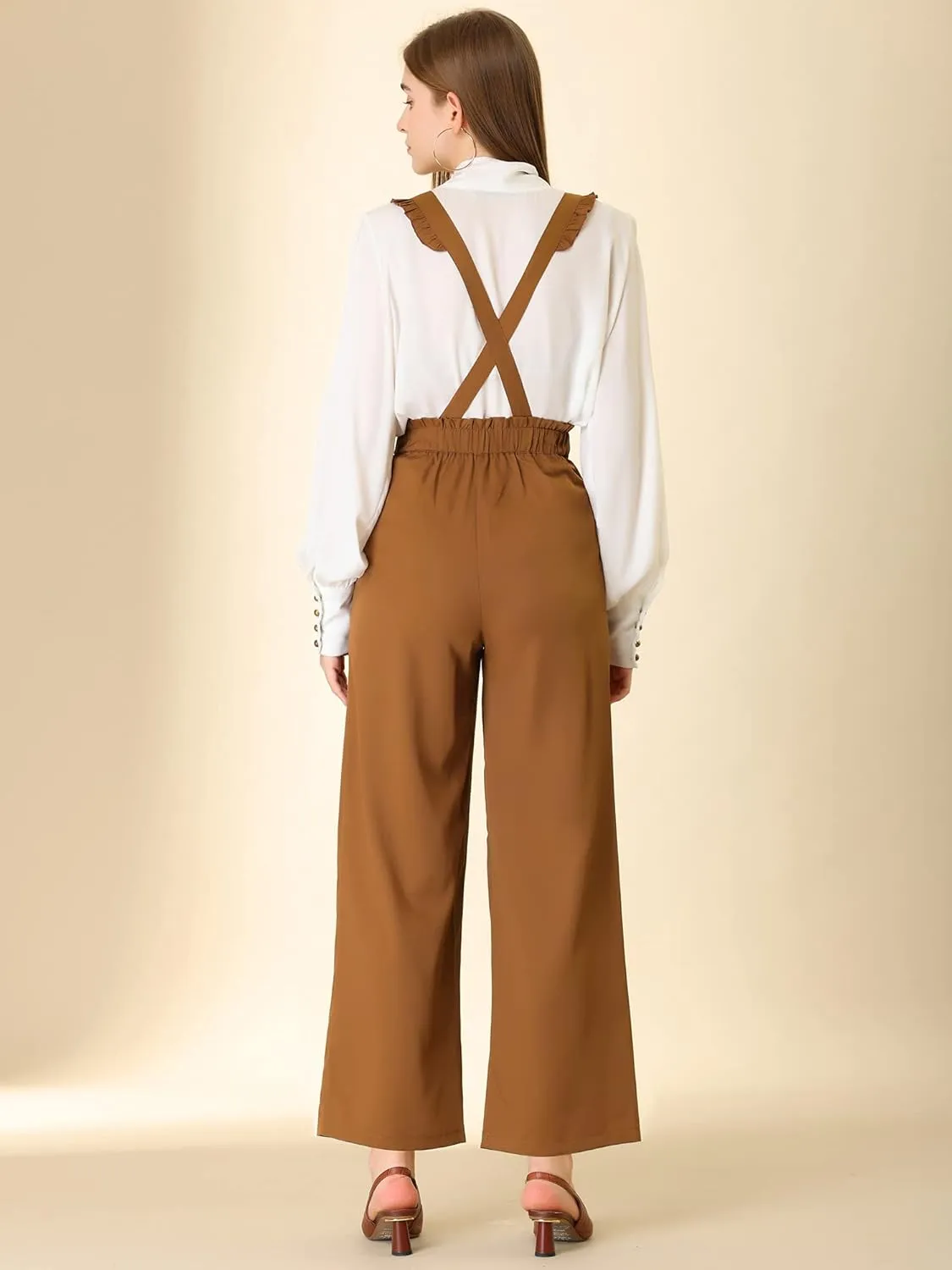 Allegra K Women's Ankle Pants High Waist Ruffled Suspender Overalls Office Wide Leg Trousers