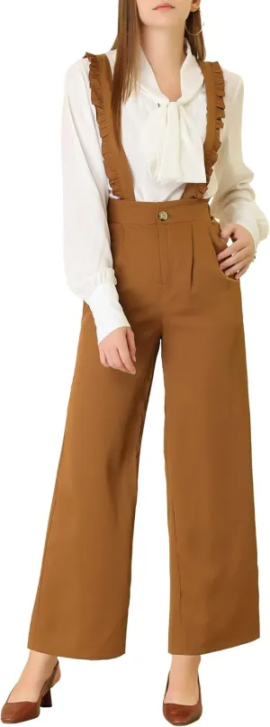 Allegra K Women's Ankle Pants High Waist Ruffled Suspender Overalls Office Wide Leg Trousers