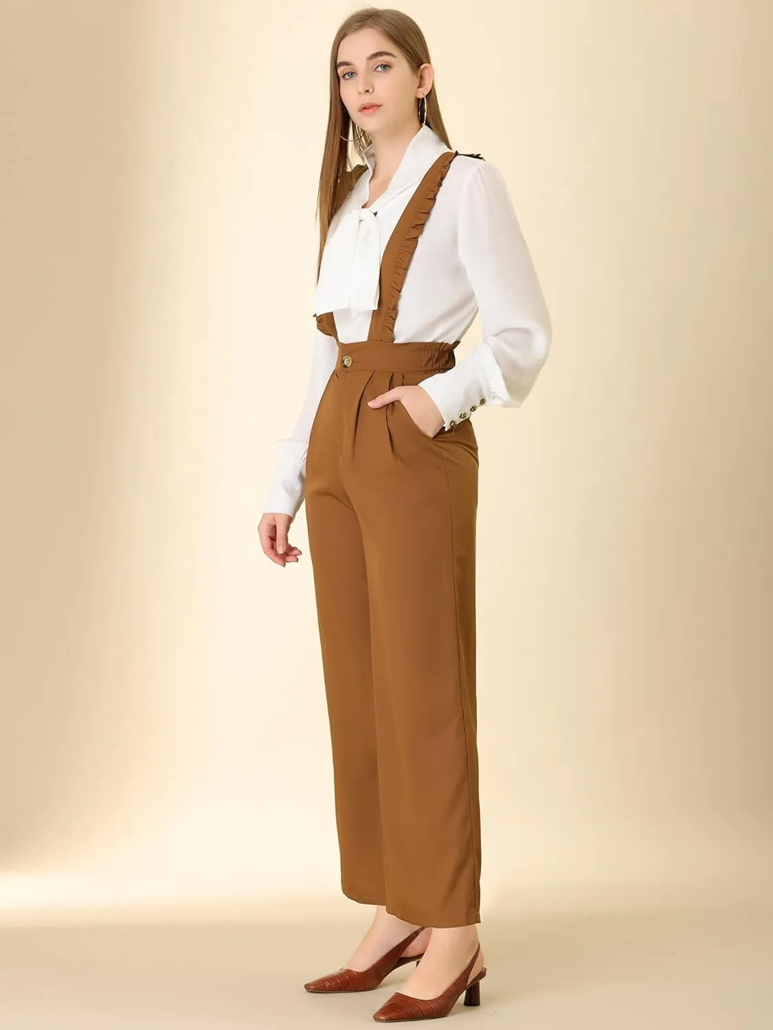 Allegra K Women's Ankle Pants High Waist Ruffled Suspender Overalls Office Wide Leg Trousers