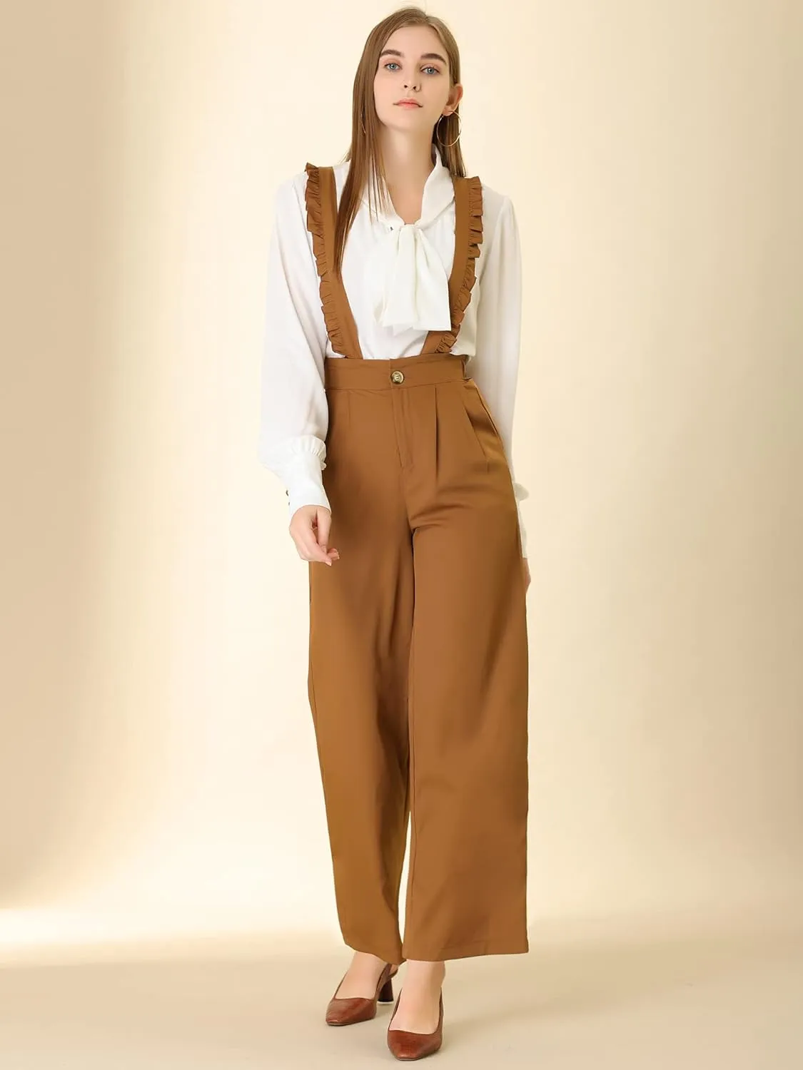 Allegra K Women's Ankle Pants High Waist Ruffled Suspender Overalls Office Wide Leg Trousers