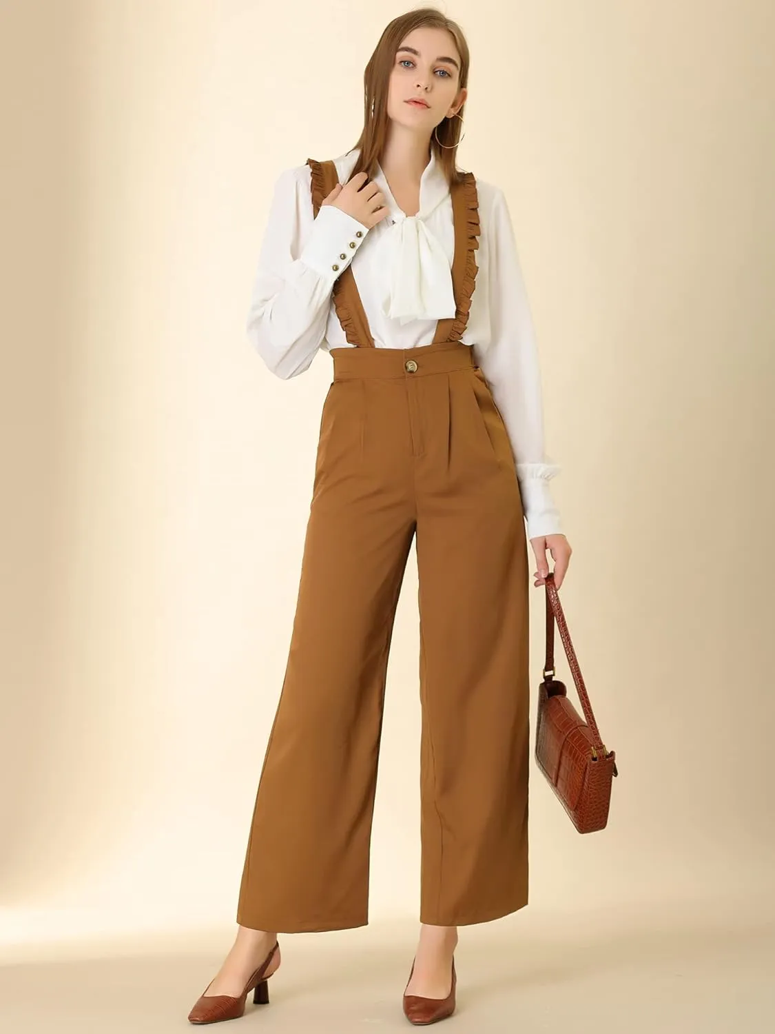 Allegra K Women's Ankle Pants High Waist Ruffled Suspender Overalls Office Wide Leg Trousers